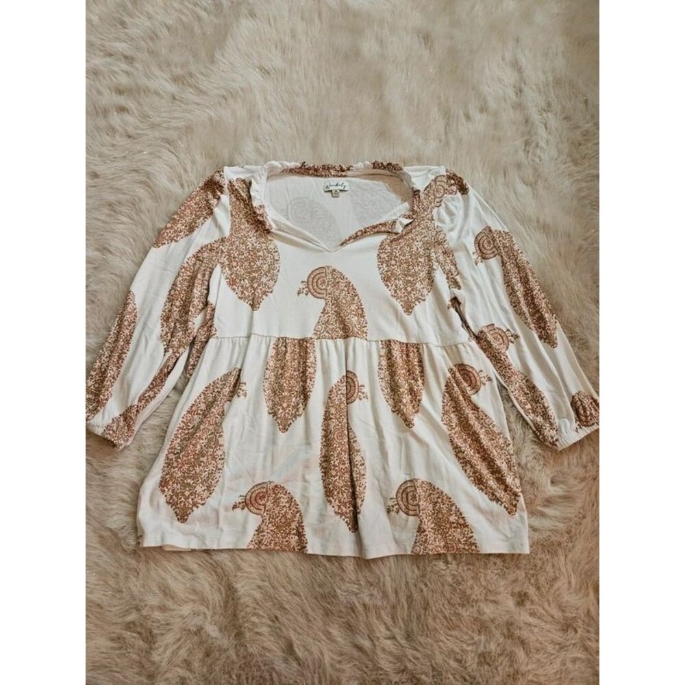 Wonderly White Brown Paisley Print Ruffle Neck Peasant Blouse Women's Medium